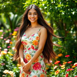 A beautiful young woman with long flowing dark hair, wearing a stylish summer dress adorned with colorful floral patterns