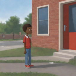 A heart-tugging 2D cartoon image featuring an African American boy standing alone outside a school, his downcast expression painting a picture of loneliness and sadness.