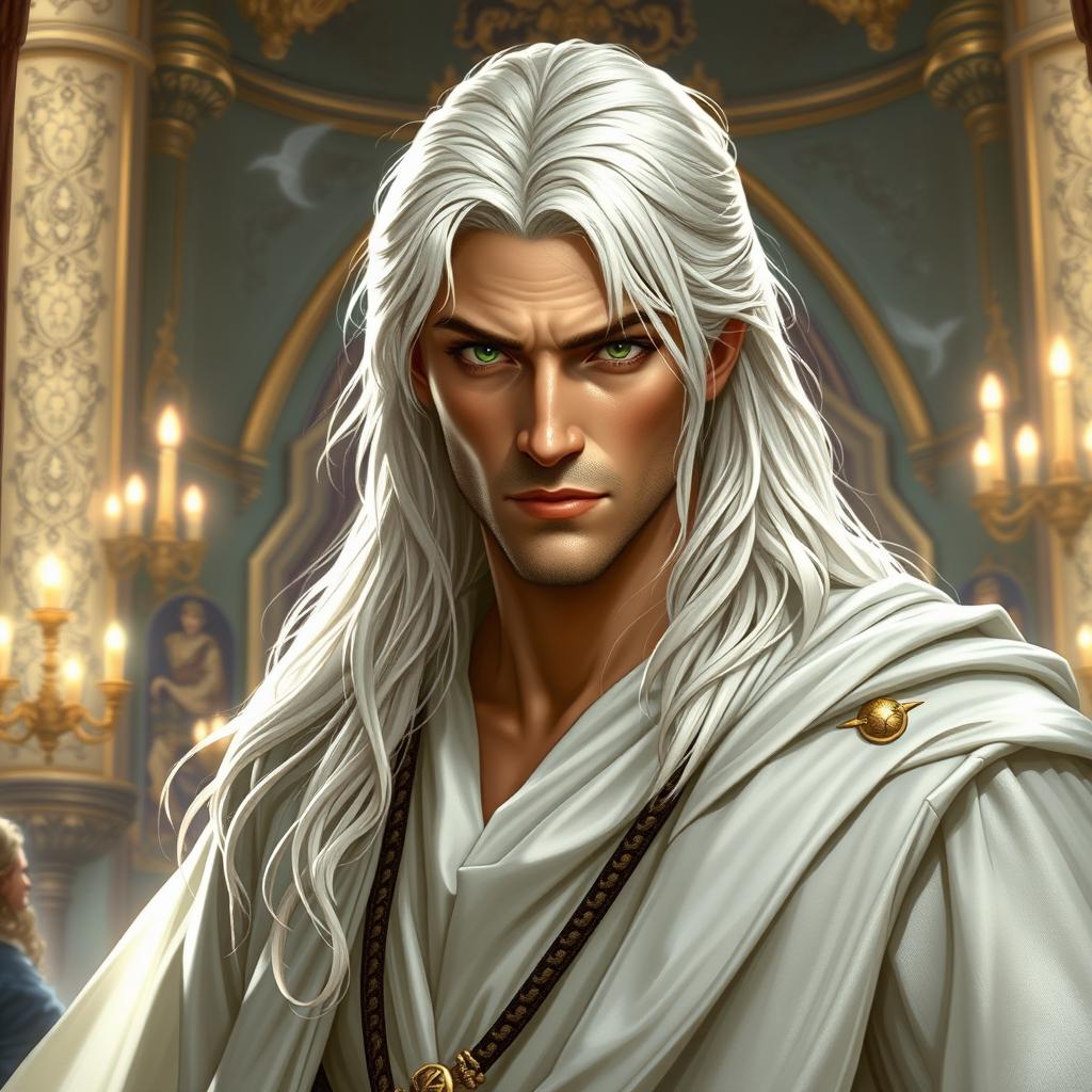 A fantasy portrayal of a cunning prince with long white-blond hair and captivating green eyes