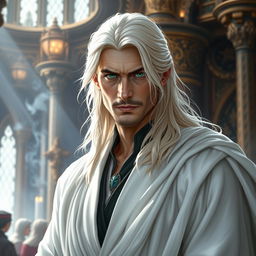 A fantasy portrayal of a cunning prince with long white-blond hair and captivating green eyes