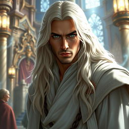 A fantasy portrayal of a cunning prince with long white-blond hair and captivating green eyes