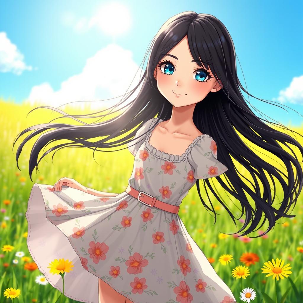 A beautiful girl with long, flowing black hair and bright blue eyes, wearing a stylish summer dress adorned with floral patterns