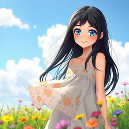 A beautiful girl with long, flowing black hair and bright blue eyes, wearing a stylish summer dress adorned with floral patterns