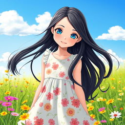 A beautiful girl with long, flowing black hair and bright blue eyes, wearing a stylish summer dress adorned with floral patterns