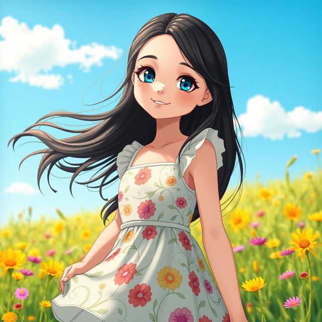 A beautiful girl with long, flowing black hair and bright blue eyes, wearing a stylish summer dress adorned with floral patterns