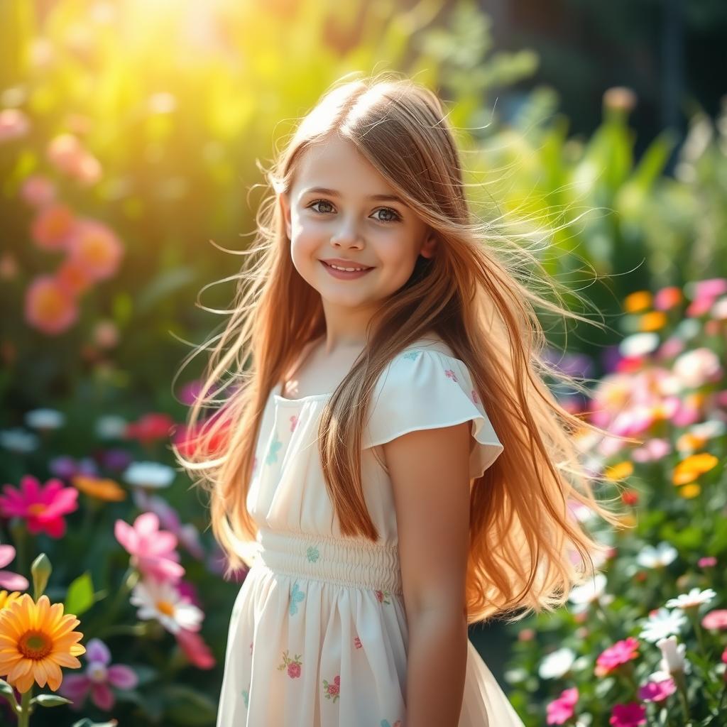 A beautiful girl with long flowing hair and captivating eyes, dressed in an elegant summer dress while standing in a sunlit garden filled with colorful flowers