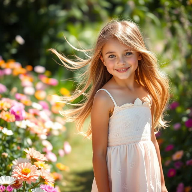 A beautiful girl with long flowing hair and captivating eyes, dressed in an elegant summer dress while standing in a sunlit garden filled with colorful flowers