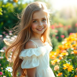 A beautiful girl with long flowing hair and captivating eyes, dressed in an elegant summer dress while standing in a sunlit garden filled with colorful flowers