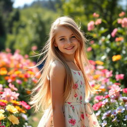A beautiful girl with long flowing hair and captivating eyes, dressed in an elegant summer dress while standing in a sunlit garden filled with colorful flowers
