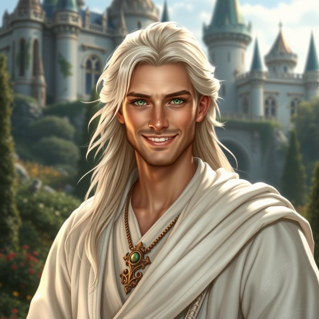 A fantasy portrayal of a friendly and cunning prince with long white-blond hair and bright green eyes