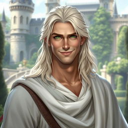 A fantasy portrayal of a friendly and cunning prince with long white-blond hair and bright green eyes