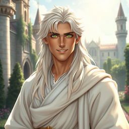 A fantasy portrayal of a friendly and cunning prince with long white-blond hair and bright green eyes