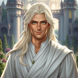 A fantasy portrayal of a friendly and cunning prince with long white-blond hair and bright green eyes