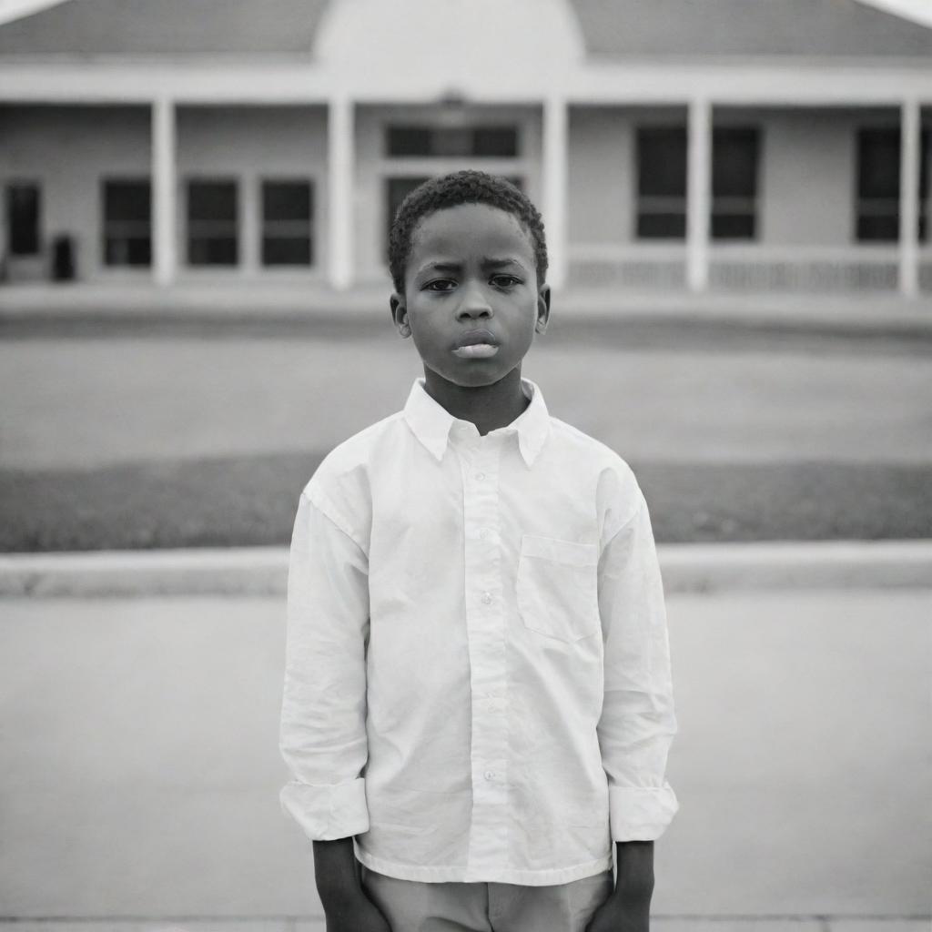 An affecting image of a young African American boy, wearing white, standing alone in front of a school, his sad expression and silence speaking volumes.