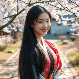 A stunningly beautiful Korean woman with long, silky black hair and radiant, flawless skin