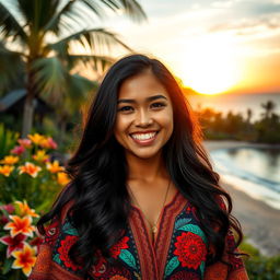 A stunningly beautiful Indonesian woman with long, wavy black hair and warm, rich brown skin