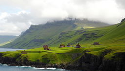 A stunning landscape of the Faroe Islands, showcasing dramatic cliffs and lush green hillsides