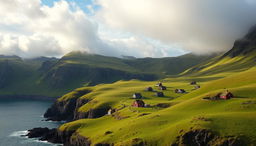 A stunning landscape of the Faroe Islands, showcasing dramatic cliffs and lush green hillsides