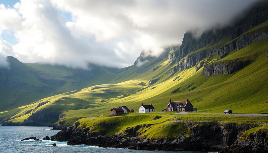 A stunning landscape of the Faroe Islands, showcasing dramatic cliffs and lush green hillsides