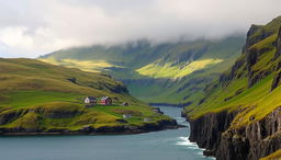 A stunning landscape of the Faroe Islands, showcasing dramatic cliffs and lush green hillsides