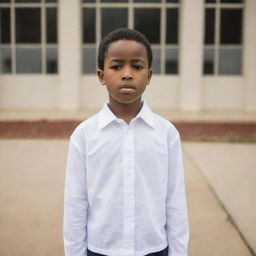 An affecting image of a young African American boy, wearing white, standing alone in front of a school, his sad expression and silence speaking volumes.