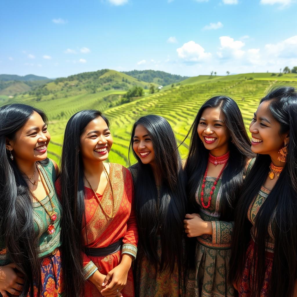 A group of stunningly beautiful Sundanese women, each with long, silky black hair and radiant, warm brown skin