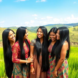 A group of stunningly beautiful Sundanese women, each with long, silky black hair and radiant, warm brown skin