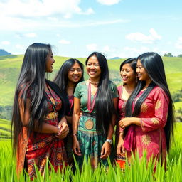 A group of stunningly beautiful Sundanese women, each with long, silky black hair and radiant, warm brown skin