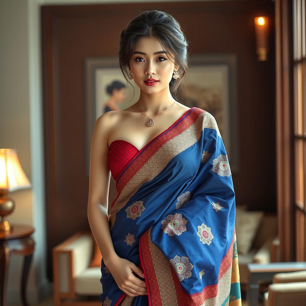 A beautiful busty Korean woman elegantly dressed in a traditional saree, showcasing her curves with a tasteful amount of cleavage and a deep belly button accentuated