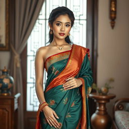 A beautiful busty Korean woman elegantly dressed in a traditional saree, showcasing her curves with a tasteful amount of cleavage and a deep belly button accentuated