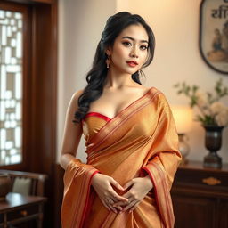 A beautiful busty Korean woman elegantly dressed in a traditional saree, showcasing her curves with a tasteful amount of cleavage and a deep belly button accentuated