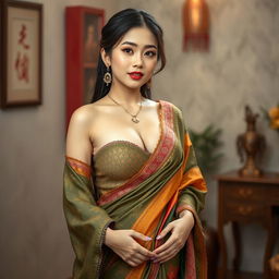 A beautiful busty Korean woman elegantly dressed in a traditional saree, showcasing her curves with a tasteful amount of cleavage and a deep belly button accentuated