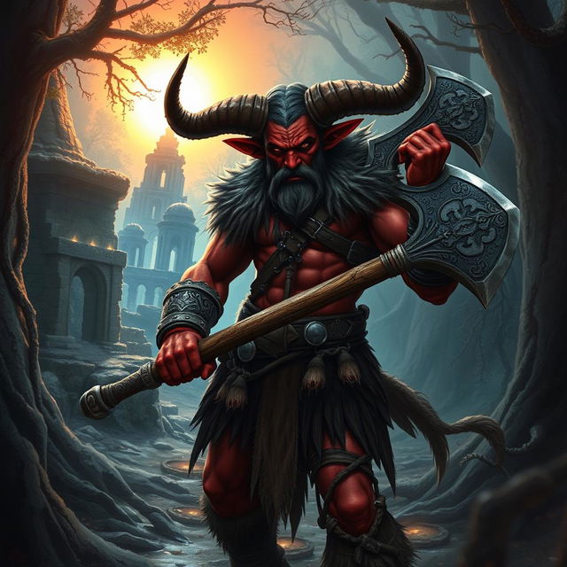 A tiefling barbarian character, showcasing unique features such as red skin, glowing eyes, and large, curved horns