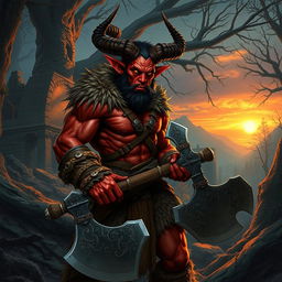 A tiefling barbarian character, showcasing unique features such as red skin, glowing eyes, and large, curved horns