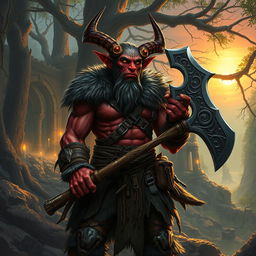 A tiefling barbarian character, showcasing unique features such as red skin, glowing eyes, and large, curved horns