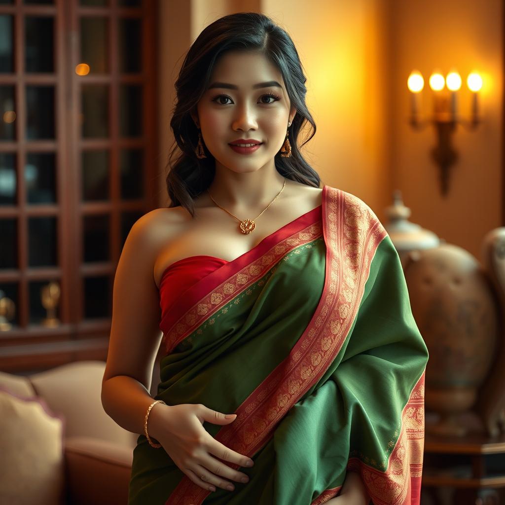 A stunning busty Korean woman with generous curves, elegantly adorned in a vibrant saree that accentuates her features