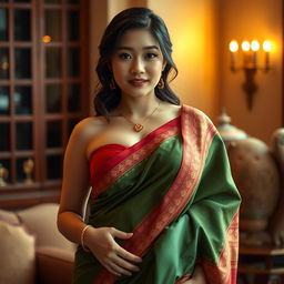 A stunning busty Korean woman with generous curves, elegantly adorned in a vibrant saree that accentuates her features