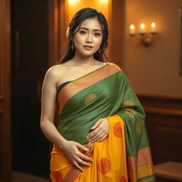 A stunning busty Korean woman with generous curves, elegantly adorned in a vibrant saree that accentuates her features