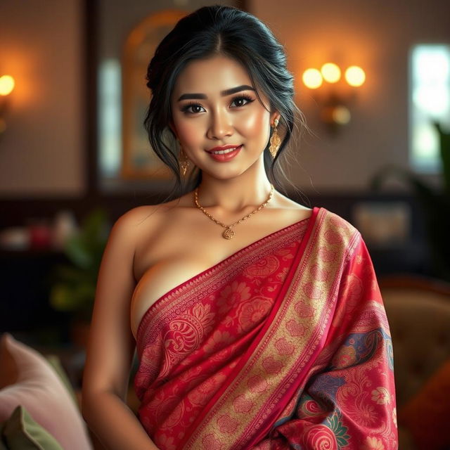 A stunning busty Korean woman with generous curves, elegantly adorned in a vibrant saree that accentuates her features