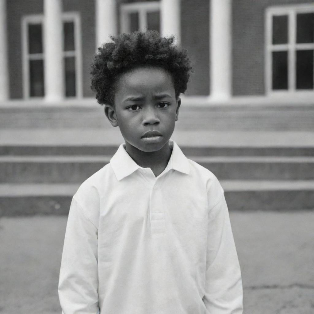 An affecting image of a young African American boy, wearing white, standing alone in front of a school, his sad expression and silence speaking volumes.