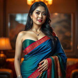 A stunning busty Korean woman with generous curves, elegantly adorned in a vibrant saree that accentuates her features