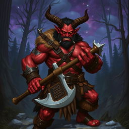 A fierce tiefling barbarian, characterized by deep red skin, sharp features, and prominent curved horns