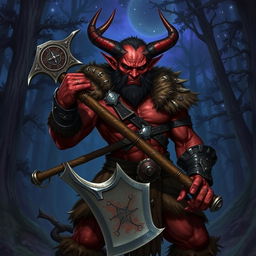 A fierce tiefling barbarian, characterized by deep red skin, sharp features, and prominent curved horns