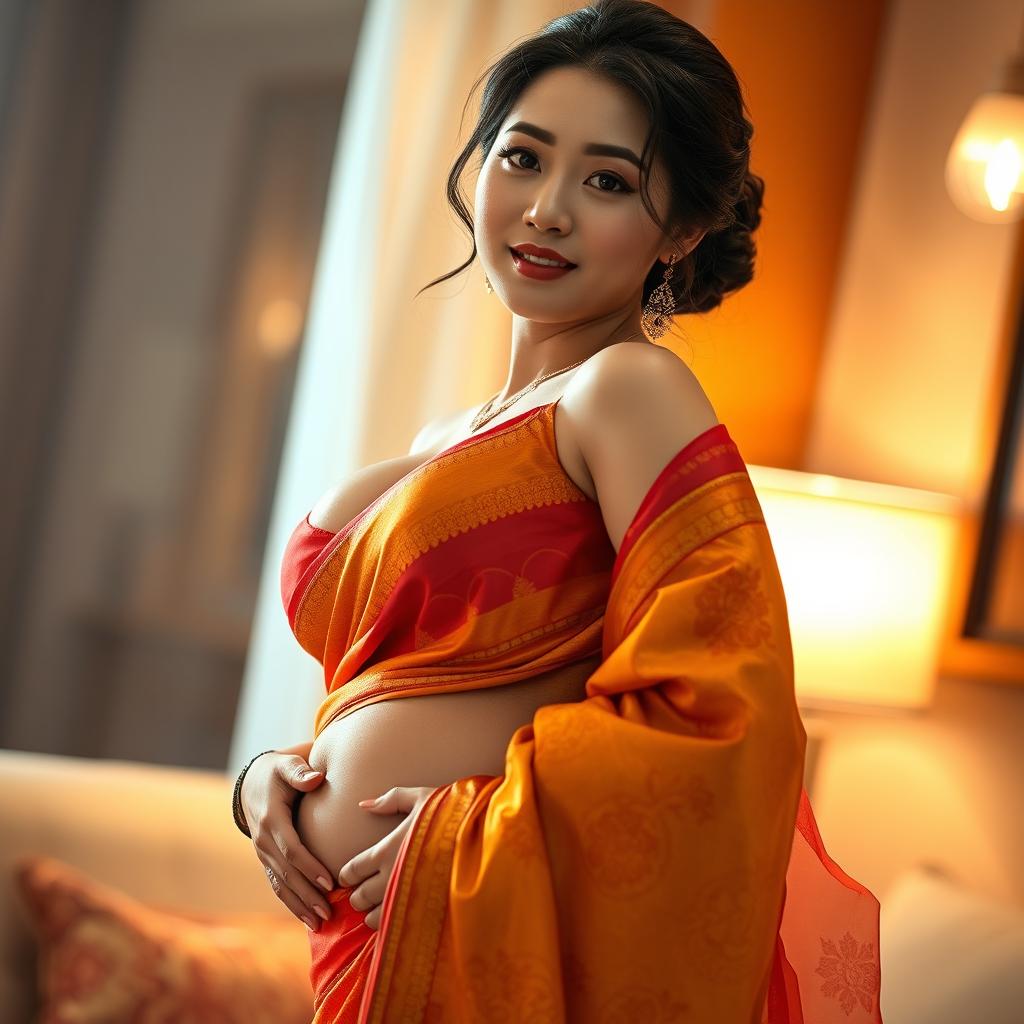 A sensual portrayal of a busty Korean woman with voluptuous curves, elegantly dressed in a vibrant saree that accentuates her ample cleavage and highlights a deep belly button