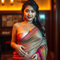 A sensual portrayal of a busty Korean woman with voluptuous curves, elegantly dressed in a vibrant saree that accentuates her ample cleavage and highlights a deep belly button