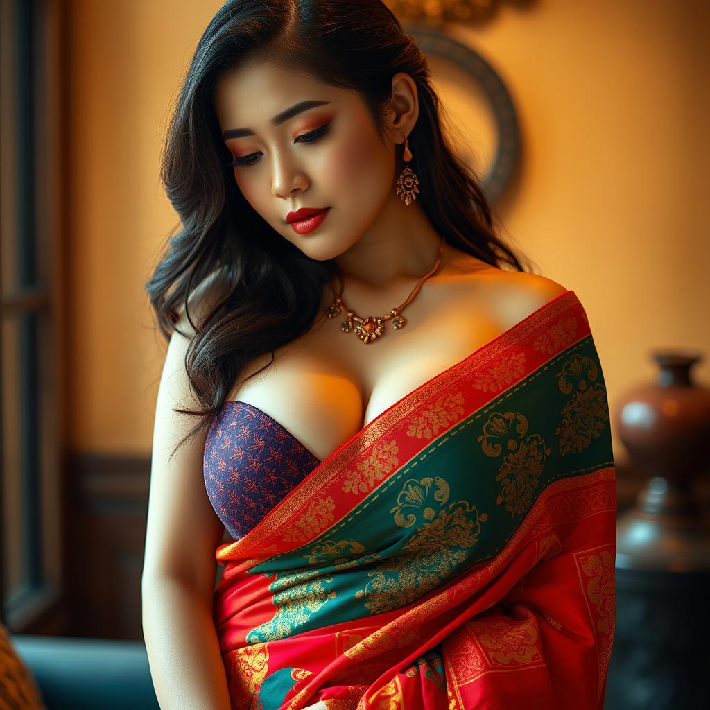 A sensual portrayal of a busty Korean woman with voluptuous curves, elegantly dressed in a vibrant saree that accentuates her ample cleavage and highlights a deep belly button