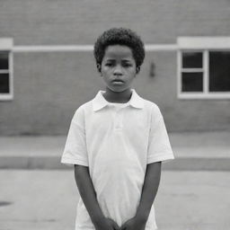 An affecting image of a young African American boy, wearing white, standing alone in front of a school, his sad expression and silence speaking volumes.