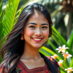 A beautiful young Indonesian woman with dark, flowing hair and a radiant smile