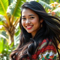 A beautiful young Indonesian woman with dark, flowing hair and a radiant smile