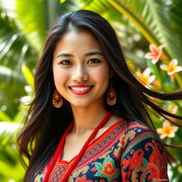 A beautiful young Indonesian woman with dark, flowing hair and a radiant smile